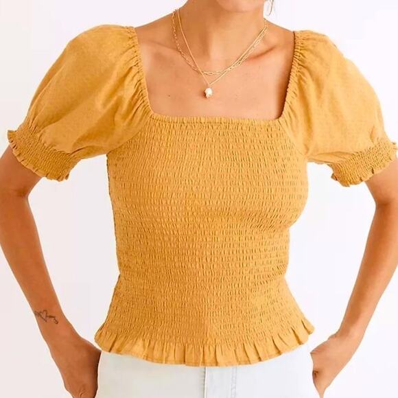 Madewell Tops - Madewell Lucie Gold Puff-Sleeve Smocked Bodice Top Size Medium NWT